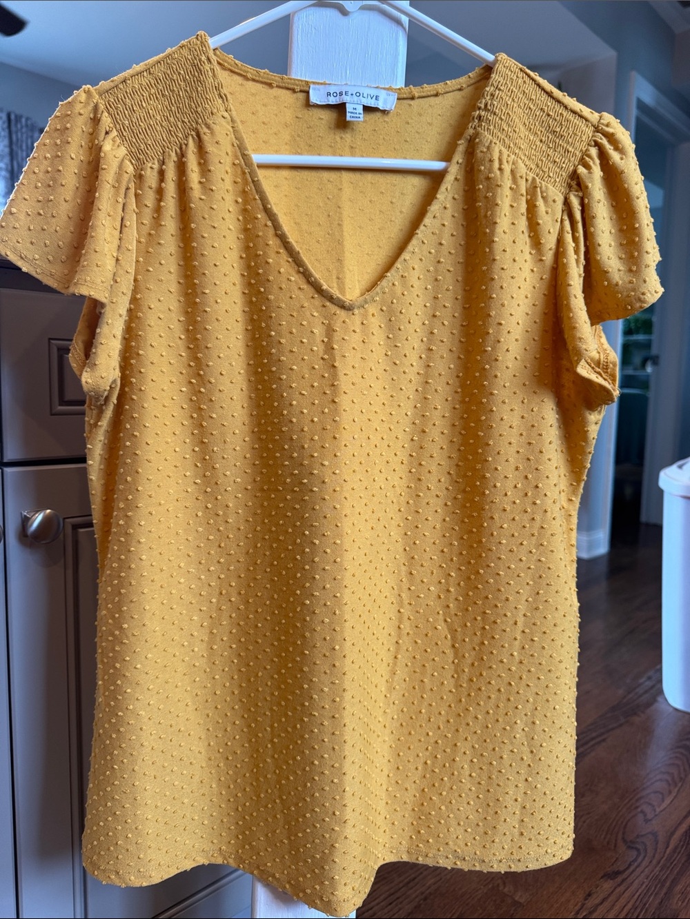Rose & Olive Mustard Yellow Dot-Textured V-Neck Blouse